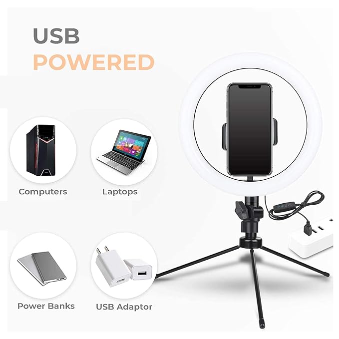 10 Incehs LED Ring Light with 7Ft Stand - USB Powered Color Switch Mode Brightness Control Dual Temperature for Video