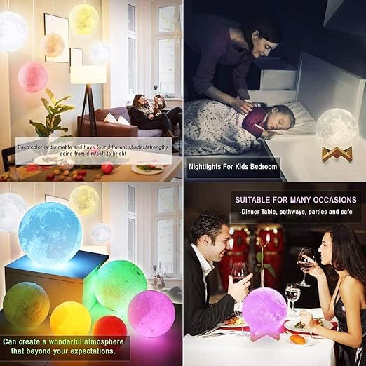 3D Moon Lamp - 7 Colour 15 cm Changeable Sensor | Touch Moonlight Lamp with Stand & USB | Ideal for Bedroom, Valentine, Festival, Corporate & Wedding Gifts | Plastic (Moon Lamp)