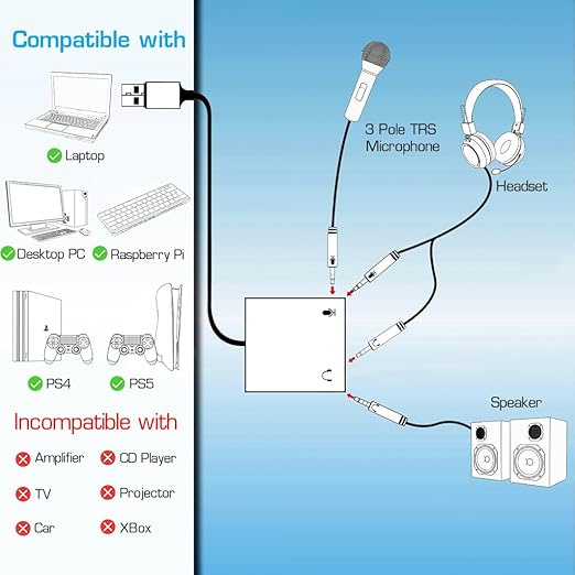 USB Sound Card USB to 3.5mm Jack Audio Adapter USB External Stereo Sound Adapter Splitter Converter for Windows and Mac, Linux, Laptop, PC, Compatible with PS4, Headset, Plug & Play