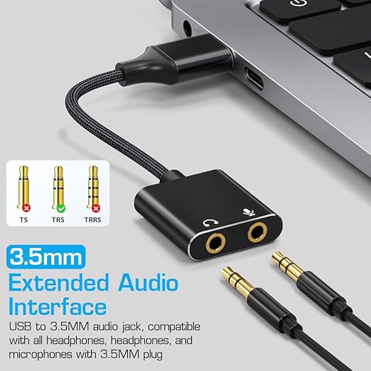 USB Sound Card USB to 3.5mm Jack Audio Adapter USB External Stereo Sound Adapter Splitter Converter for Windows and Mac, Linux, Laptop, PC, Compatible with PS4, Headset, Plug & Play