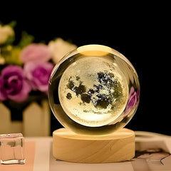 3D Crystal Moon Lamp – Engraved Crystal Ball LED Night Light with Wooden Base, USB Powered, Ideal for Home & Office Décor, Birthday Gift for Adults (Warm White)