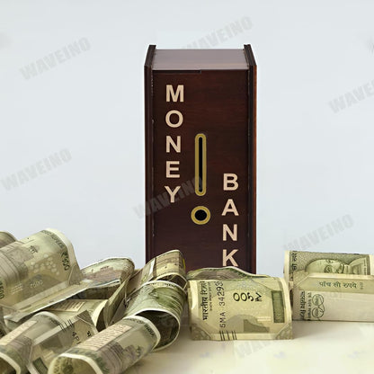 WaveINO Wooden Money Saving Box - 1,00,000 Rupees Money Saving Piggy Bank, Cash Vault Wooden Savings Box, Money Box with Money Target and Numbers to Check for Boys, Girls & Adults