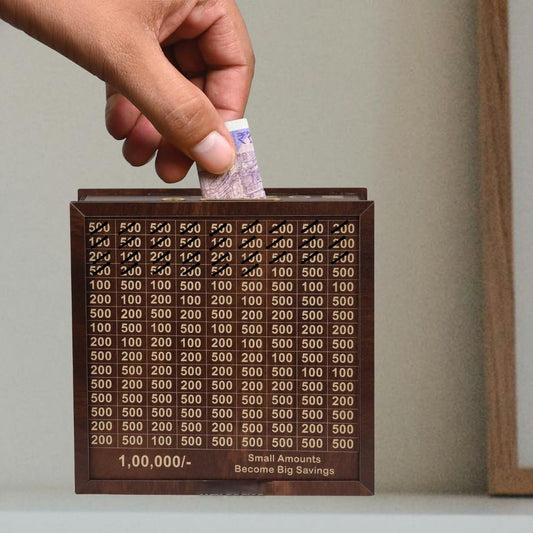 WaveINO Wooden Money Saving Box - 1,00,000 Rupees Money Saving Piggy Bank, Cash Vault Wooden Savings Box, Money Box with Money Target and Numbers to Check for Boys, Girls & Adults