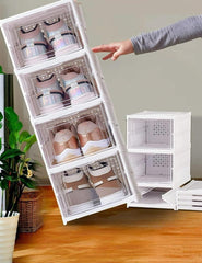 4 Tier Shoe Rack Collapsible Shoe Organiser with Door - Foldable Sneaker Crates Footwear Organiser for Men, Women, Heels, Boots, Loafers, Sneakers, Slippers