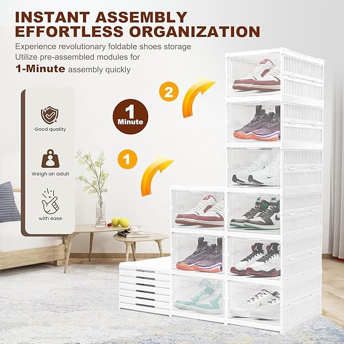 4 Tier Shoe Rack Collapsible Shoe Organiser with Door - Foldable Sneaker Crates Footwear Organiser for Men, Women, Heels, Boots, Loafers, Sneakers, Slippers